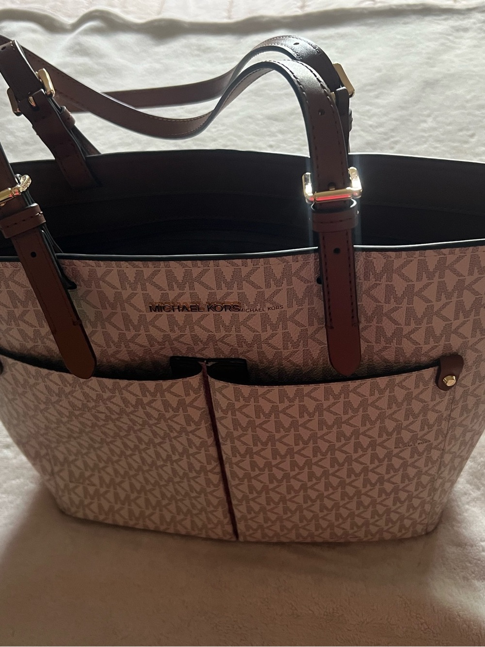Michael Kors Pink Beige MK Monogram Tote with Brown Trim